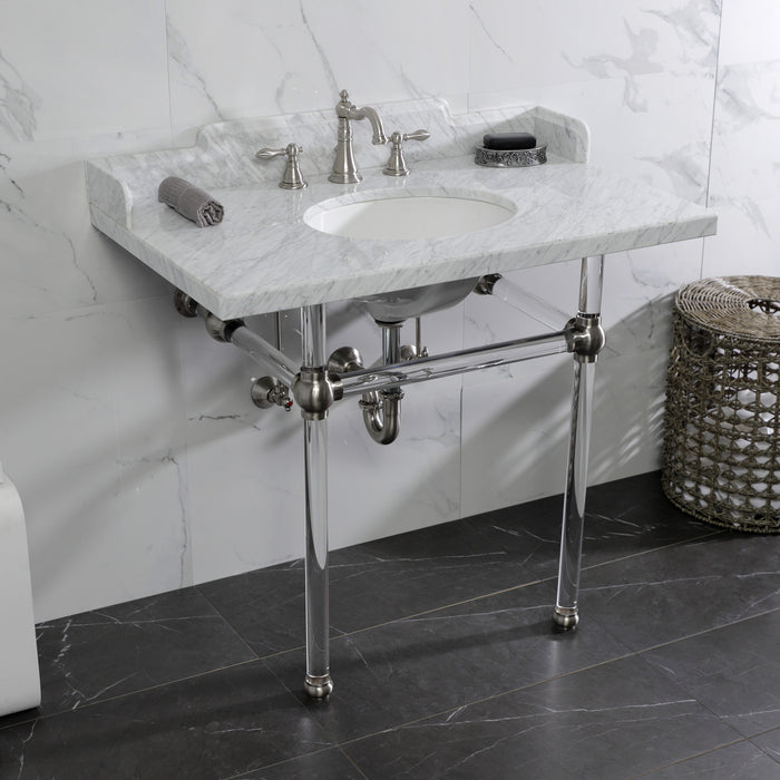 Pemberton LMS3630MA8 36-Inch Carrara Marble Console Sink with Acrylic Legs (8-Inch, 3-Hole), Carrara Marble White/Brushed Nickel