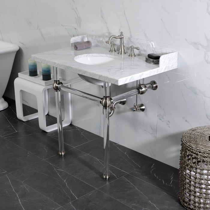 Pemberton LMS3630MA8 36-Inch Carrara Marble Console Sink with Acrylic Legs (8-Inch, 3-Hole), Carrara Marble White/Brushed Nickel