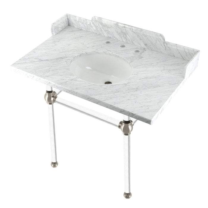Pemberton LMS3630MA8 36-Inch Carrara Marble Console Sink with Acrylic Legs (8-Inch, 3-Hole), Carrara Marble White/Brushed Nickel