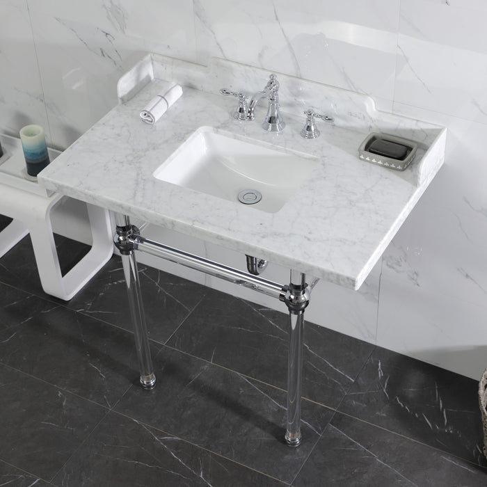 Kingston Tulare LMS3630MASQ1 - Pemberton 36-Inch Carrara Marble Console Sink with Acrylic Legs (8-Inch, 3-Hole), Carrara Marble White/Polished Chrome