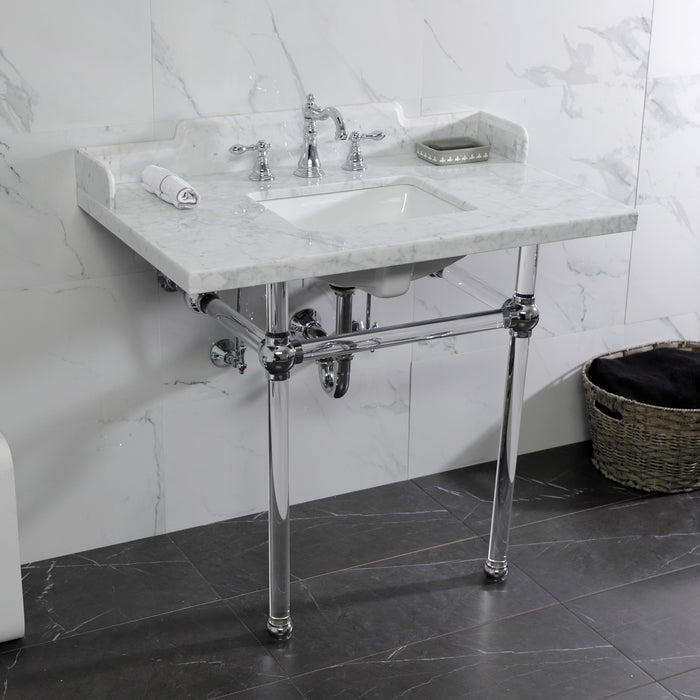 Kingston Tulare LMS3630MASQ1 - Pemberton 36-Inch Carrara Marble Console Sink with Acrylic Legs (8-Inch, 3-Hole), Carrara Marble White/Polished Chrome