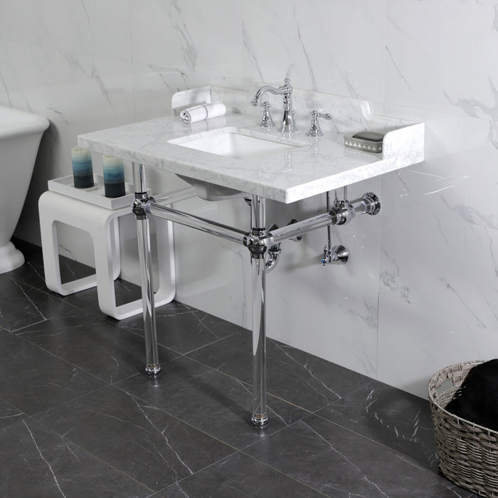 Kingston Tulare LMS3630MASQ1 - Pemberton 36-Inch Carrara Marble Console Sink with Acrylic Legs (8-Inch, 3-Hole), Carrara Marble White/Polished Chrome