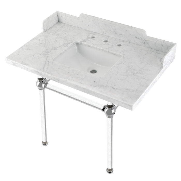 Kingston Tulare LMS3630MASQ1 - Pemberton 36-Inch Carrara Marble Console Sink with Acrylic Legs (8-Inch, 3-Hole), Carrara Marble White/Polished Chrome