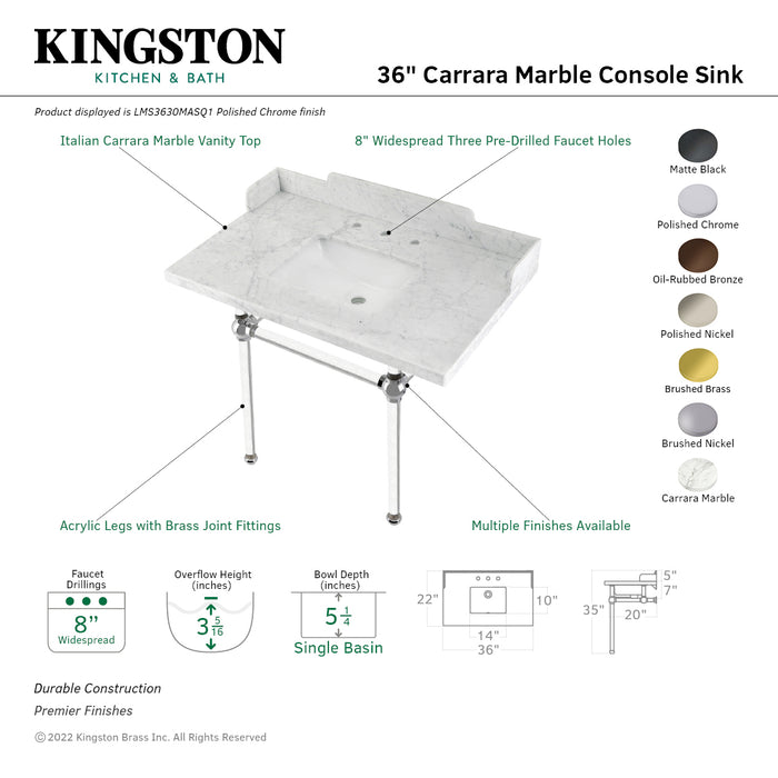 Kingston Tulare LMS3630MASQ5 - Pemberton 36-Inch Carrara Marble Console Sink with Acrylic Legs (8-Inch, 3-Hole), Carrara Marble White/Oil Rubbed Bronze