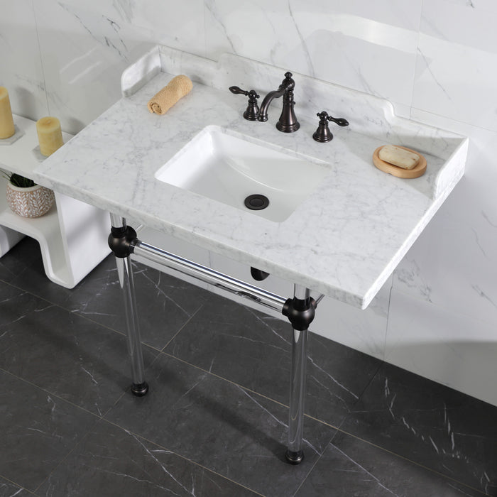 Kingston Tulare LMS3630MASQ5 - Pemberton 36-Inch Carrara Marble Console Sink with Acrylic Legs (8-Inch, 3-Hole), Carrara Marble White/Oil Rubbed Bronze
