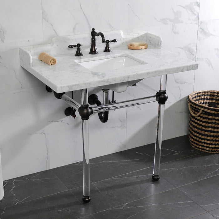Kingston Tulare LMS3630MASQ5 - Pemberton 36-Inch Carrara Marble Console Sink with Acrylic Legs (8-Inch, 3-Hole), Carrara Marble White/Oil Rubbed Bronze
