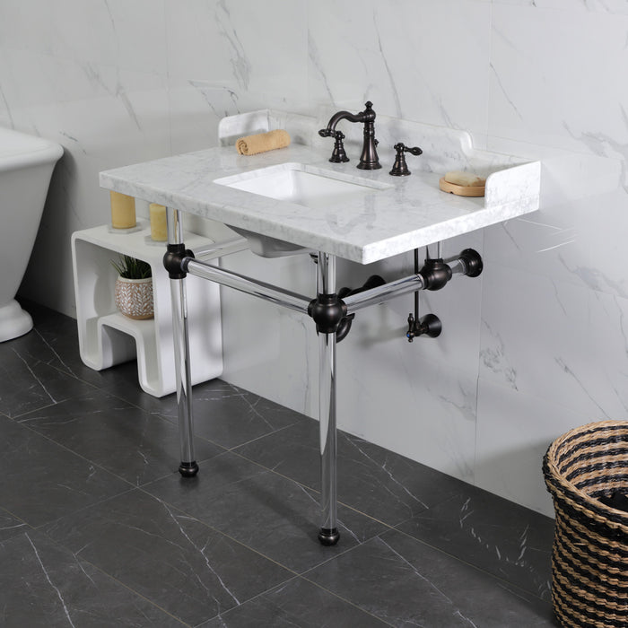 Kingston Tulare LMS3630MASQ5 - Pemberton 36-Inch Carrara Marble Console Sink with Acrylic Legs (8-Inch, 3-Hole), Carrara Marble White/Oil Rubbed Bronze