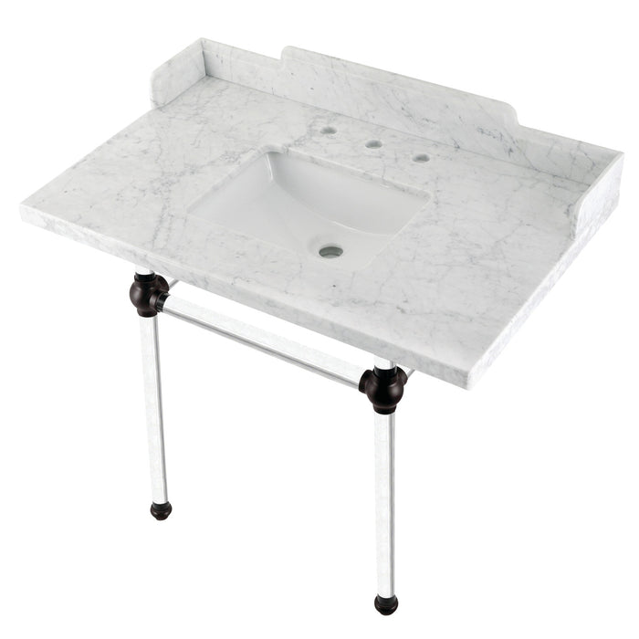 Kingston Tulare LMS3630MASQ5 - Pemberton 36-Inch Carrara Marble Console Sink with Acrylic Legs (8-Inch, 3-Hole), Carrara Marble White/Oil Rubbed Bronze