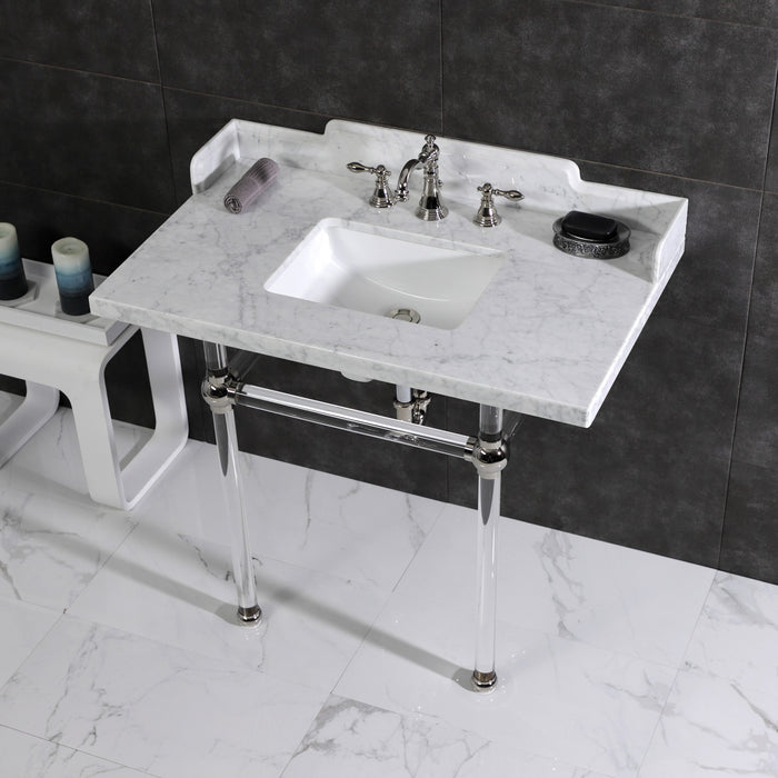 Kingston Tulare LMS3630MASQ6 - Pemberton 36-Inch Carrara Marble Console Sink with Acrylic Legs (8-Inch, 3-Hole), Carrara Marble White/Polished Nickel