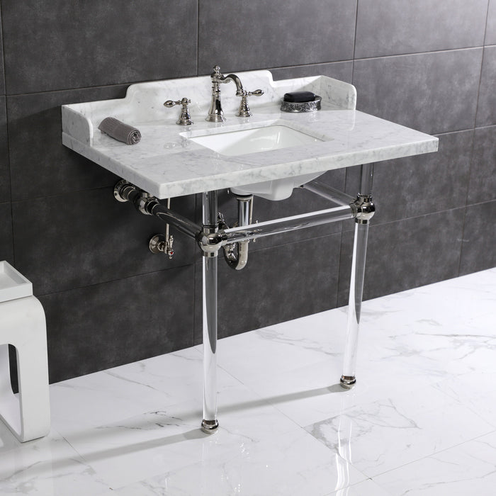 Kingston Tulare LMS3630MASQ6 - Pemberton 36-Inch Carrara Marble Console Sink with Acrylic Legs (8-Inch, 3-Hole), Carrara Marble White/Polished Nickel