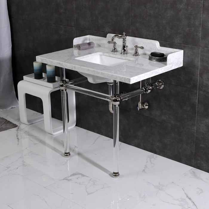 Kingston Tulare LMS3630MASQ6 - Pemberton 36-Inch Carrara Marble Console Sink with Acrylic Legs (8-Inch, 3-Hole), Carrara Marble White/Polished Nickel