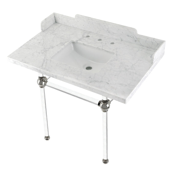 Kingston Tulare LMS3630MASQ6 - Pemberton 36-Inch Carrara Marble Console Sink with Acrylic Legs (8-Inch, 3-Hole), Carrara Marble White/Polished Nickel