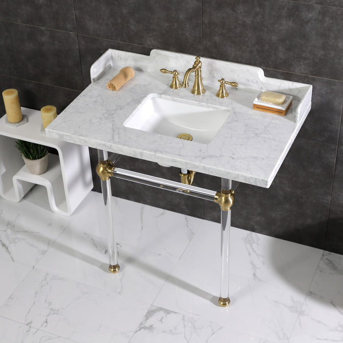 Kingston Tulare LMS3630MASQ7 - Pemberton 36-Inch Carrara Marble Console Sink with Acrylic Legs (8-Inch, 3-Hole), Carrara Marble White/Brushed Brass