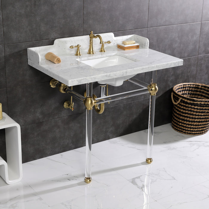 Kingston Tulare LMS3630MASQ7 - Pemberton 36-Inch Carrara Marble Console Sink with Acrylic Legs (8-Inch, 3-Hole), Carrara Marble White/Brushed Brass