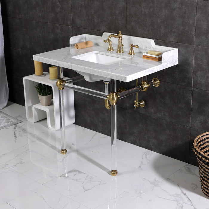 Kingston Tulare LMS3630MASQ7 - Pemberton 36-Inch Carrara Marble Console Sink with Acrylic Legs (8-Inch, 3-Hole), Carrara Marble White/Brushed Brass
