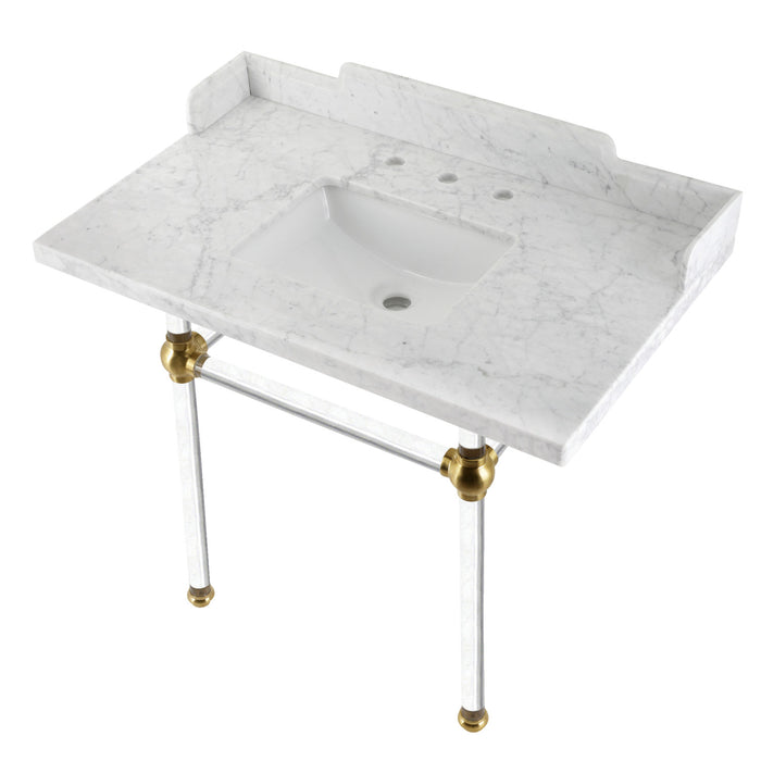 Kingston Tulare LMS3630MASQ7 - Pemberton 36-Inch Carrara Marble Console Sink with Acrylic Legs (8-Inch, 3-Hole), Carrara Marble White/Brushed Brass