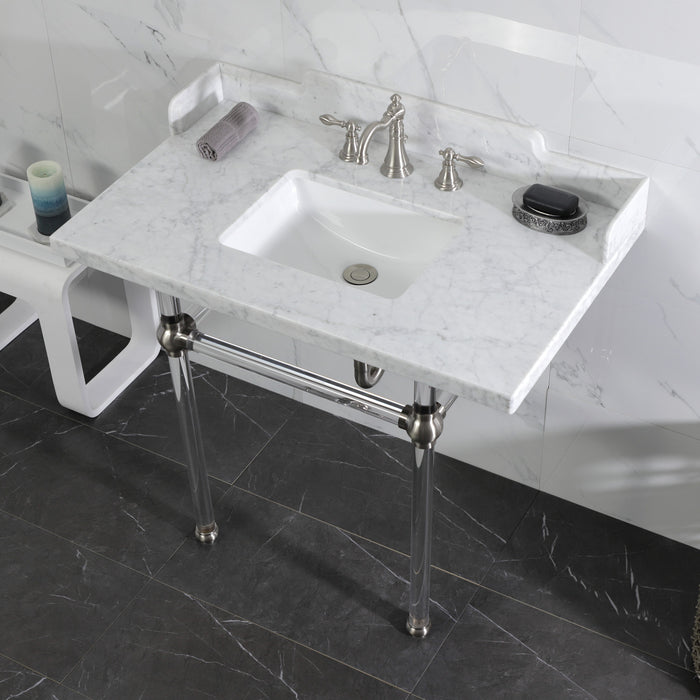 Kingston Tulare LMS3630MASQ8 - Pemberton 36-Inch Carrara Marble Console Sink with Acrylic Legs (8-Inch, 3-Hole), Carrara Marble White/Brushed Nickel