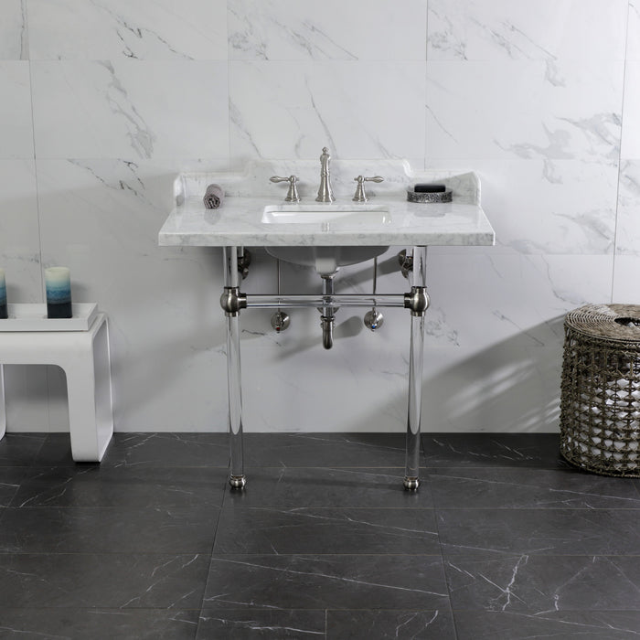 Kingston Tulare LMS3630MASQ8 - Pemberton 36-Inch Carrara Marble Console Sink with Acrylic Legs (8-Inch, 3-Hole), Carrara Marble White/Brushed Nickel