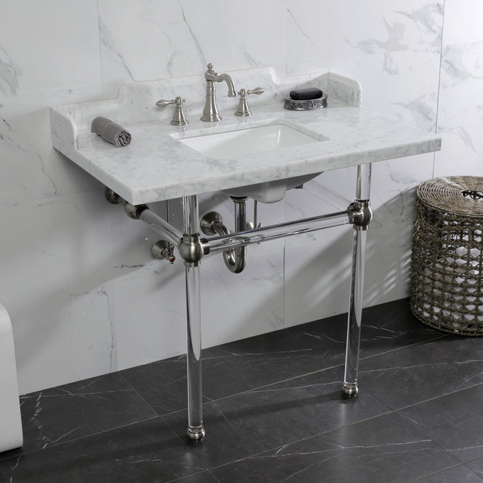 Kingston Tulare LMS3630MASQ8 - Pemberton 36-Inch Carrara Marble Console Sink with Acrylic Legs (8-Inch, 3-Hole), Carrara Marble White/Brushed Nickel