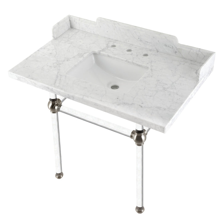 Kingston Tulare LMS3630MASQ8 - Pemberton 36-Inch Carrara Marble Console Sink with Acrylic Legs (8-Inch, 3-Hole), Carrara Marble White/Brushed Nickel