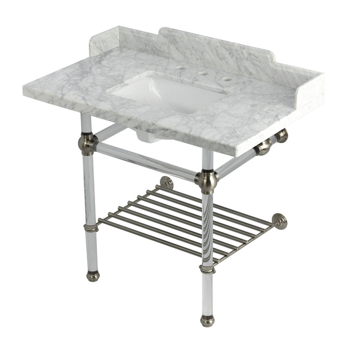 Kingston Tulare LMS3630MASQB8 - Pemberton 36-Inch Carrara Marble Console Sink with Acrylic Legs and Shelf (8-Inch, 3-Hole), Carrara Marble White/Brushed Nickel