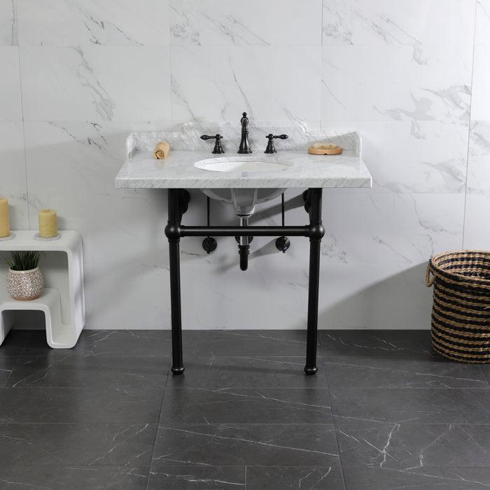 Pemberton LMS3630MB0 36-Inch Carrara Marble Console Sink with Brass Legs (8-Inch, 3-Hole), Carrara Marble White/Matte Black