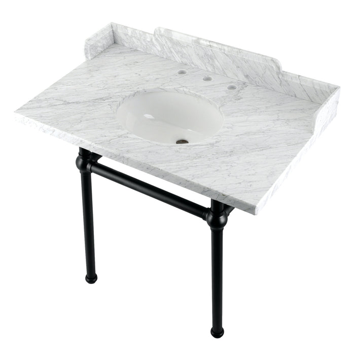 Pemberton LMS3630MB0 36-Inch Carrara Marble Console Sink with Brass Legs (8-Inch, 3-Hole), Carrara Marble White/Matte Black