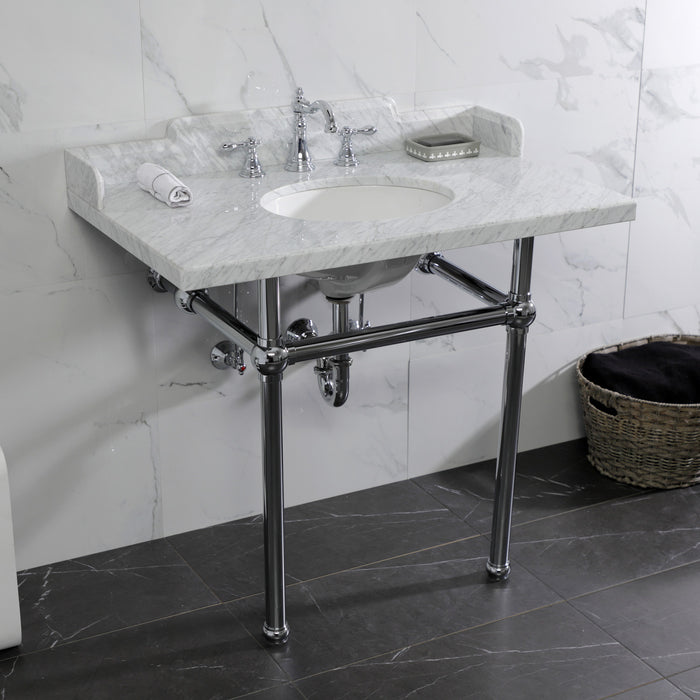 Pemberton LMS3630MB1 36-Inch Carrara Marble Console Sink with Brass Legs (8-Inch, 3-Hole), Carrara Marble White/Polished Chrome