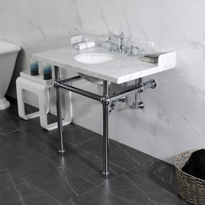 Pemberton LMS3630MB1 36-Inch Carrara Marble Console Sink with Brass Legs (8-Inch, 3-Hole), Carrara Marble White/Polished Chrome