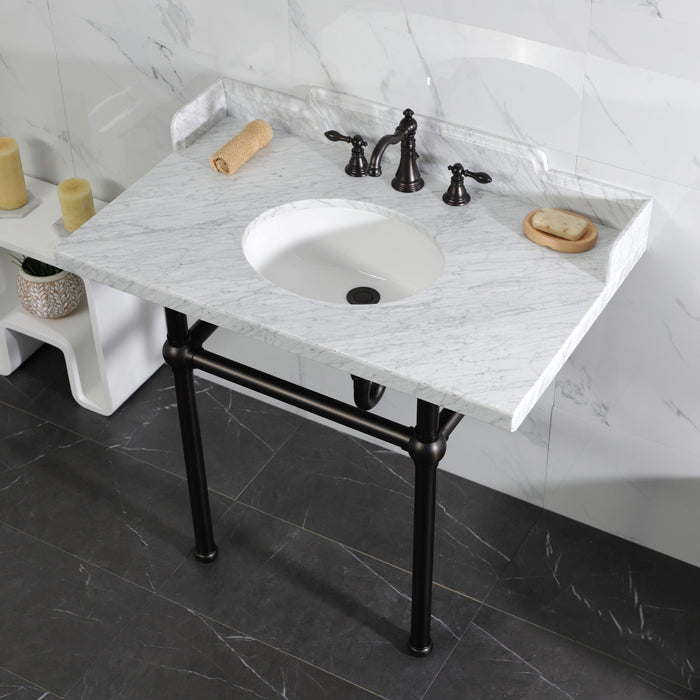 Pemberton LMS3630MB5 36-Inch Carrara Marble Console Sink with Brass Legs (8-Inch, 3-Hole), Carrara Marble White/Oil Rubbed Bronze