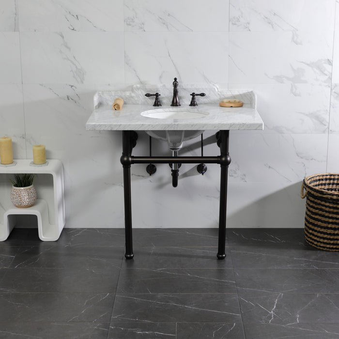 Pemberton LMS3630MB5 36-Inch Carrara Marble Console Sink with Brass Legs (8-Inch, 3-Hole), Carrara Marble White/Oil Rubbed Bronze