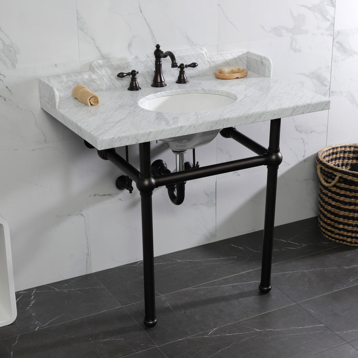 Pemberton LMS3630MB5 36-Inch Carrara Marble Console Sink with Brass Legs (8-Inch, 3-Hole), Carrara Marble White/Oil Rubbed Bronze