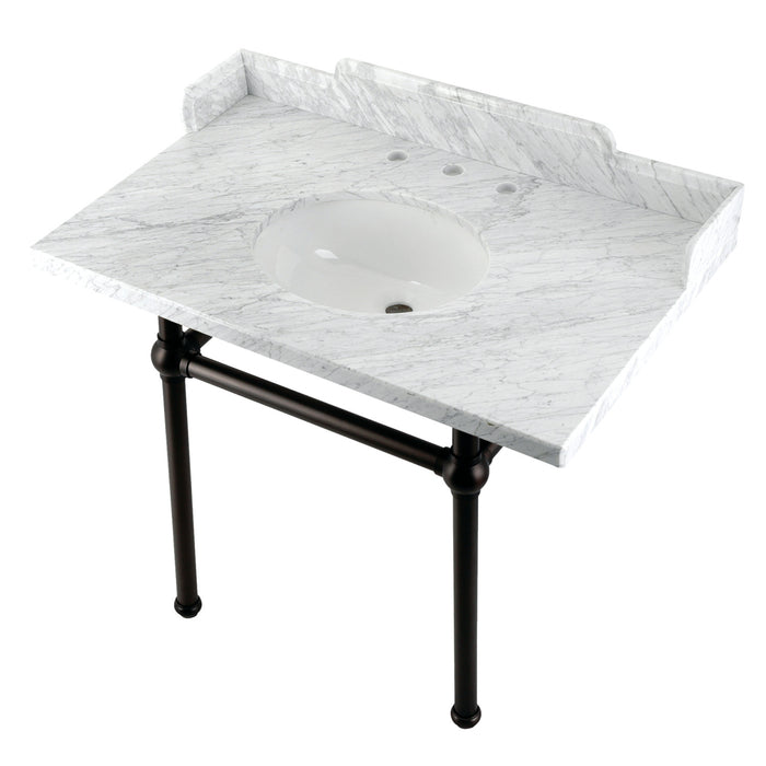 Pemberton LMS3630MB5 36-Inch Carrara Marble Console Sink with Brass Legs (8-Inch, 3-Hole), Carrara Marble White/Oil Rubbed Bronze