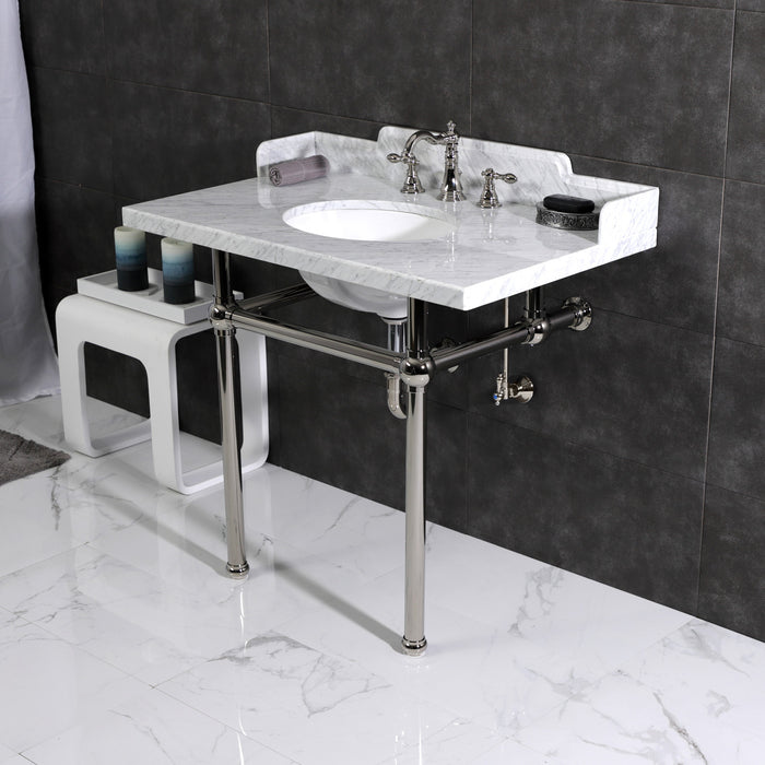 Kingston Heirloom LMS3630MB6 - Pemberton 36-Inch Carrara Marble Console Sink with Brass Legs (8-Inch, 3-Hole), Carrara Marble White/Polished Nickel