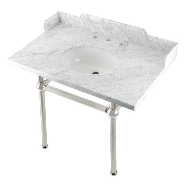 Kingston Heirloom LMS3630MB6 - Pemberton 36-Inch Carrara Marble Console Sink with Brass Legs (8-Inch, 3-Hole), Carrara Marble White/Polished Nickel
