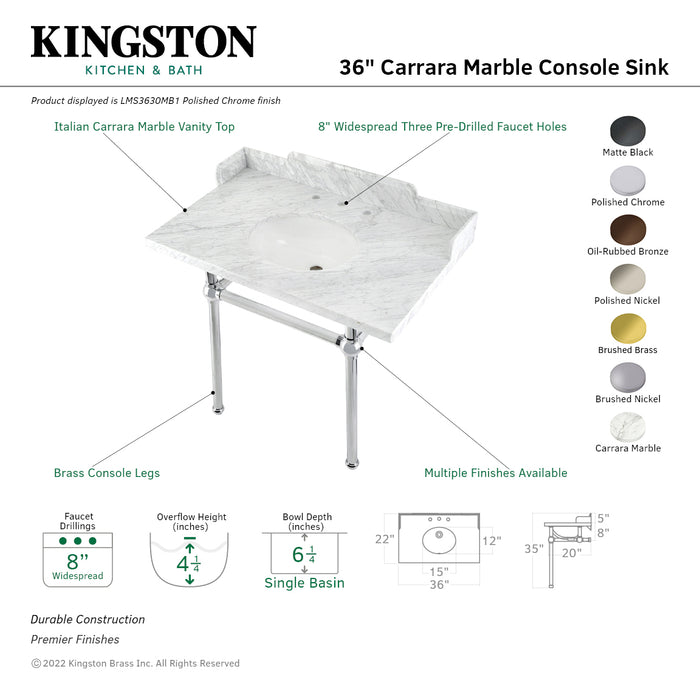 Kingston Heirloom LMS3630MB7 - Pemberton 36-Inch Carrara Marble Console Sink with Brass Legs (8-Inch, 3-Hole), Carrara Marble White/Brushed Brass