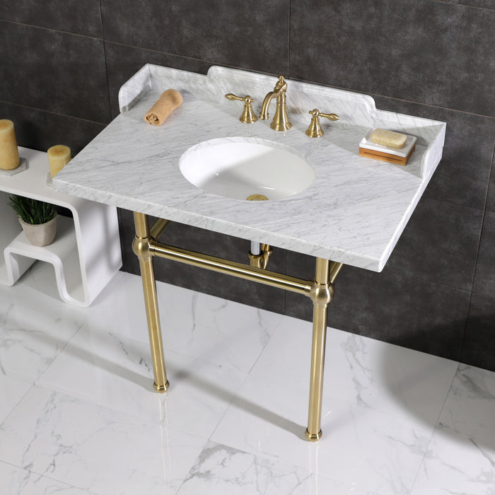 Kingston Heirloom LMS3630MB7 - Pemberton 36-Inch Carrara Marble Console Sink with Brass Legs (8-Inch, 3-Hole), Carrara Marble White/Brushed Brass