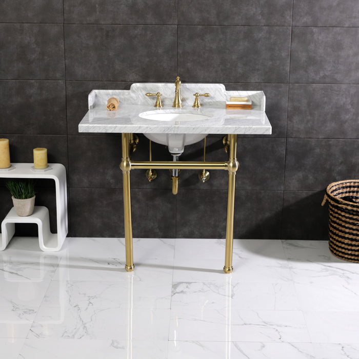 Kingston Heirloom LMS3630MB7 - Pemberton 36-Inch Carrara Marble Console Sink with Brass Legs (8-Inch, 3-Hole), Carrara Marble White/Brushed Brass