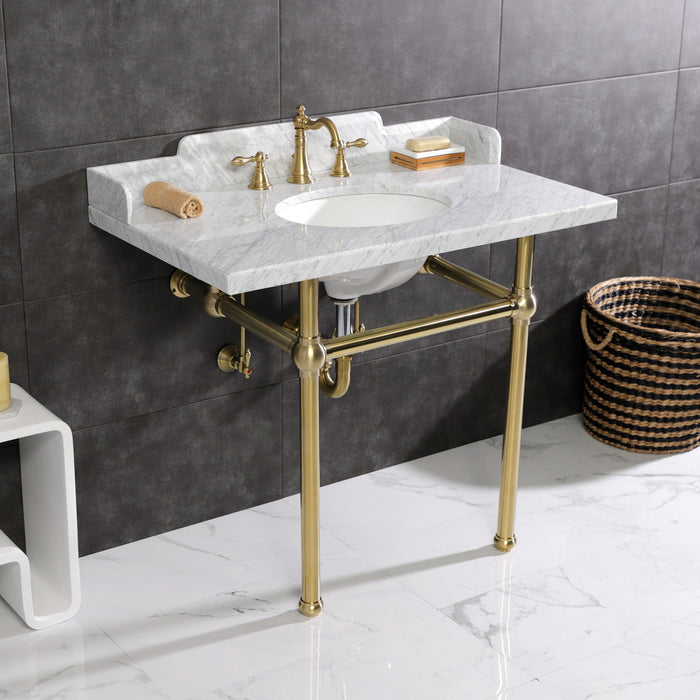 Kingston Heirloom LMS3630MB7 - Pemberton 36-Inch Carrara Marble Console Sink with Brass Legs (8-Inch, 3-Hole), Carrara Marble White/Brushed Brass