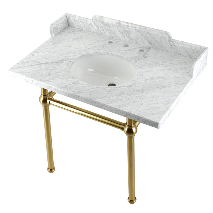Kingston Heirloom LMS3630MB7 - Pemberton 36-Inch Carrara Marble Console Sink with Brass Legs (8-Inch, 3-Hole), Carrara Marble White/Brushed Brass