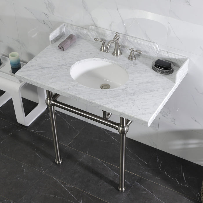 Pemberton LMS3630MB8 36-Inch Carrara Marble Console Sink with Brass Legs (8-Inch, 3-Hole), Carrara Marble White/Brushed Nickel