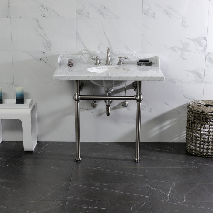 Pemberton LMS3630MB8 36-Inch Carrara Marble Console Sink with Brass Legs (8-Inch, 3-Hole), Carrara Marble White/Brushed Nickel