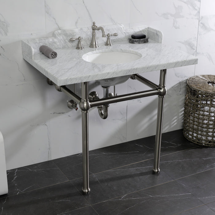 Pemberton LMS3630MB8 36-Inch Carrara Marble Console Sink with Brass Legs (8-Inch, 3-Hole), Carrara Marble White/Brushed Nickel