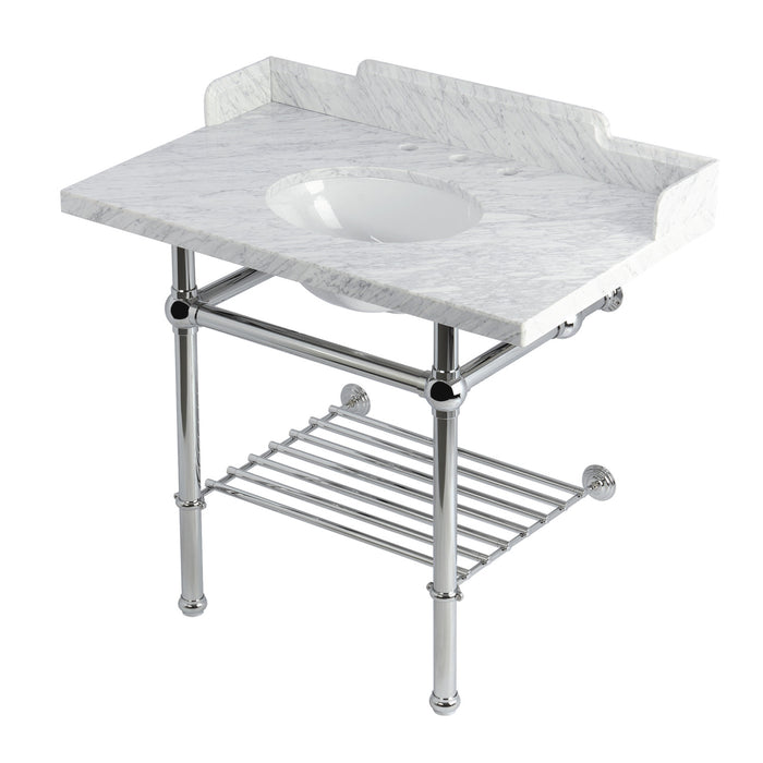 Kingston Heirloom LMS3630MBB1 - Pemberton 36-Inch Carrara Marble Console Sink with Brass Legs and Shelf (8-Inch, 3-Hole), Carrara Marble White/Polished Chrome