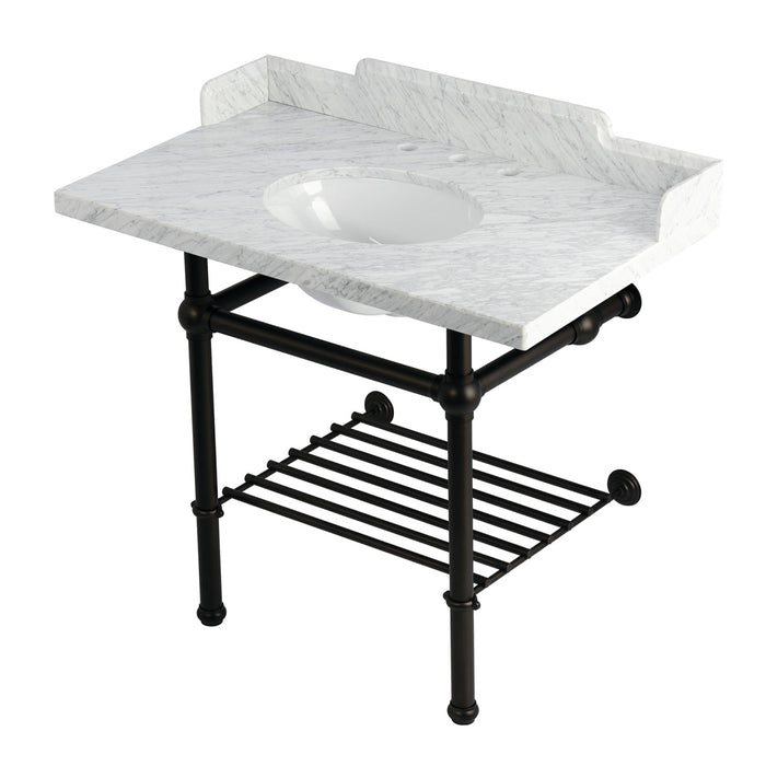 Kingston Heirloom LMS3630MBB5 - Pemberton 36-Inch Carrara Marble Console Sink with Brass Legs and Shelf (8-Inch, 3-Hole), Carrara Marble White/Oil Rubbed Bronze