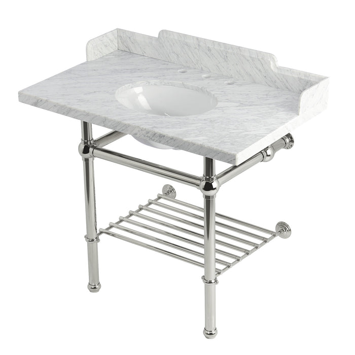 Kingston Heirloom LMS3630MBB6 - Pemberton 36-Inch Carrara Marble Console Sink with Brass Legs and Shelf (8-Inch, 3-Hole), Carrara Marble White/Polished Nickel