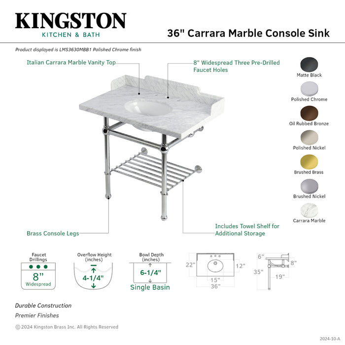 Kingston Heirloom LMS3630MBB8 - Pemberton 36-Inch Carrara Marble Console Sink with Brass Legs and Shelf (8-Inch, 3-Hole), Carrara Marble White/Brushed Nickel