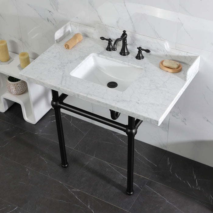 Kingston Heirloom LMS3630MBSQ0 - Pemberton 36-Inch Carrara Marble Console Sink with Brass Legs (8-Inch, 3-Hole), Carrara Marble White/Matte Black