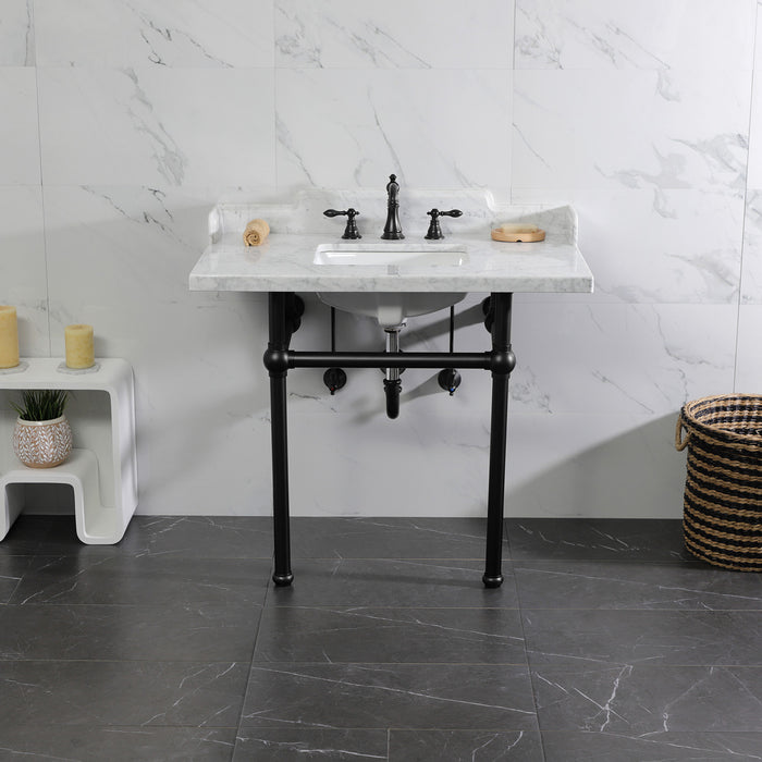 Kingston Heirloom LMS3630MBSQ0 - Pemberton 36-Inch Carrara Marble Console Sink with Brass Legs (8-Inch, 3-Hole), Carrara Marble White/Matte Black