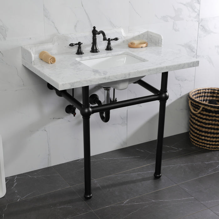 Kingston Heirloom LMS3630MBSQ0 - Pemberton 36-Inch Carrara Marble Console Sink with Brass Legs (8-Inch, 3-Hole), Carrara Marble White/Matte Black